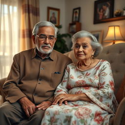 A warm and intimate family scene featuring a wise, elderly Hispanic man and woman, representing a bisabuelo (great-grandfather) and bisabuela (great-grandmother)