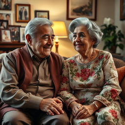 A warm and intimate family scene featuring a wise, elderly Hispanic man and woman, representing a bisabuelo (great-grandfather) and bisabuela (great-grandmother)