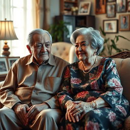 A warm and intimate family scene featuring a wise, elderly Hispanic man and woman, representing a bisabuelo (great-grandfather) and bisabuela (great-grandmother)