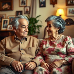 A warm and intimate family scene featuring a wise, elderly Hispanic man and woman, representing a bisabuelo (great-grandfather) and bisabuela (great-grandmother)