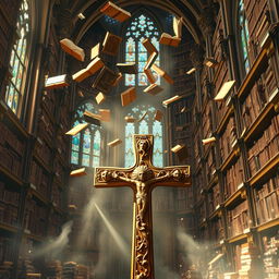 A fantastical library filled with towering shelves of ancient books