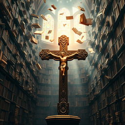 A fantastical library filled with towering shelves of ancient books