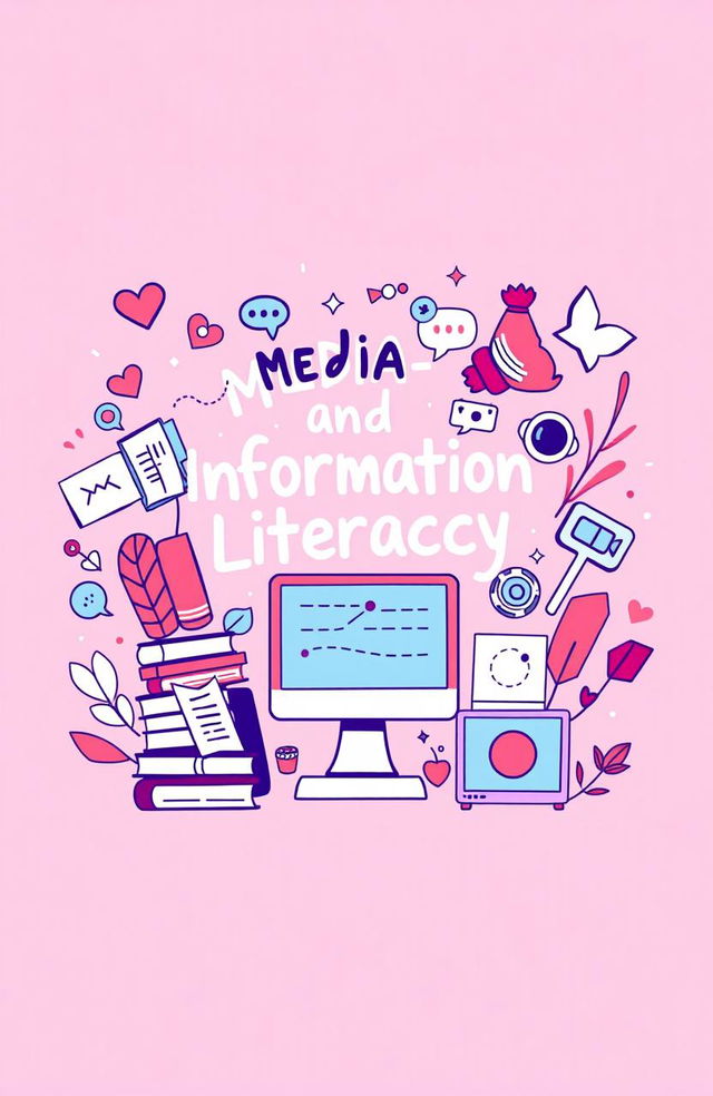 A vibrant and engaging illustration representing Media and Information Literacy, featuring a whimsical design with the color pink as the primary theme