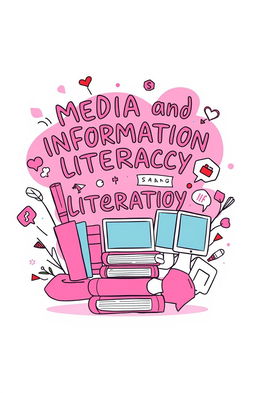 A vibrant and engaging illustration representing Media and Information Literacy, featuring a whimsical design with the color pink as the primary theme