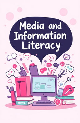 A vibrant and engaging illustration representing Media and Information Literacy, featuring a whimsical design with the color pink as the primary theme