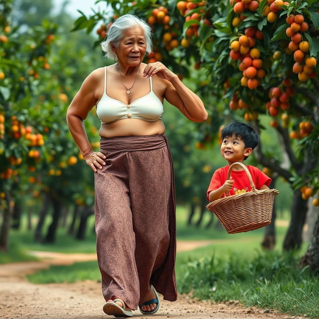 An Indonesian old woman with a tall, muscular physique and big biceps, wearing a cream button-up bra and a low-waist long batik cloth, walking confidently beside a short, skinny Korean young man