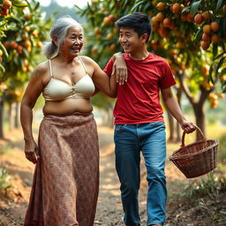 An Indonesian old woman with a tall, muscular physique and big biceps, wearing a cream button-up bra and a low-waist long batik cloth, walking confidently beside a short, skinny Korean young man