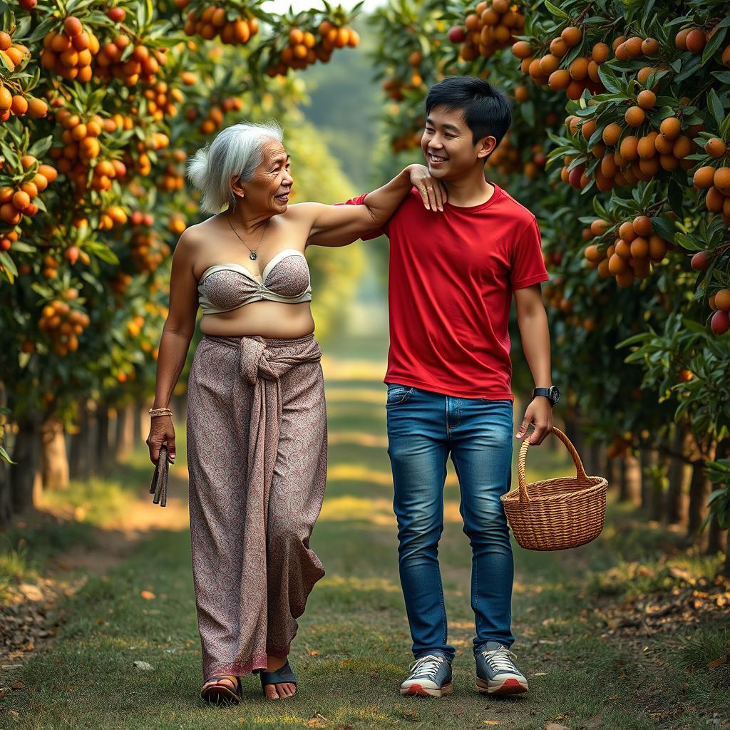 An Indonesian old woman with a tall, muscular physique and big biceps, wearing a cream button-up bra and a low-waist long batik cloth, walking confidently beside a short, skinny Korean young man