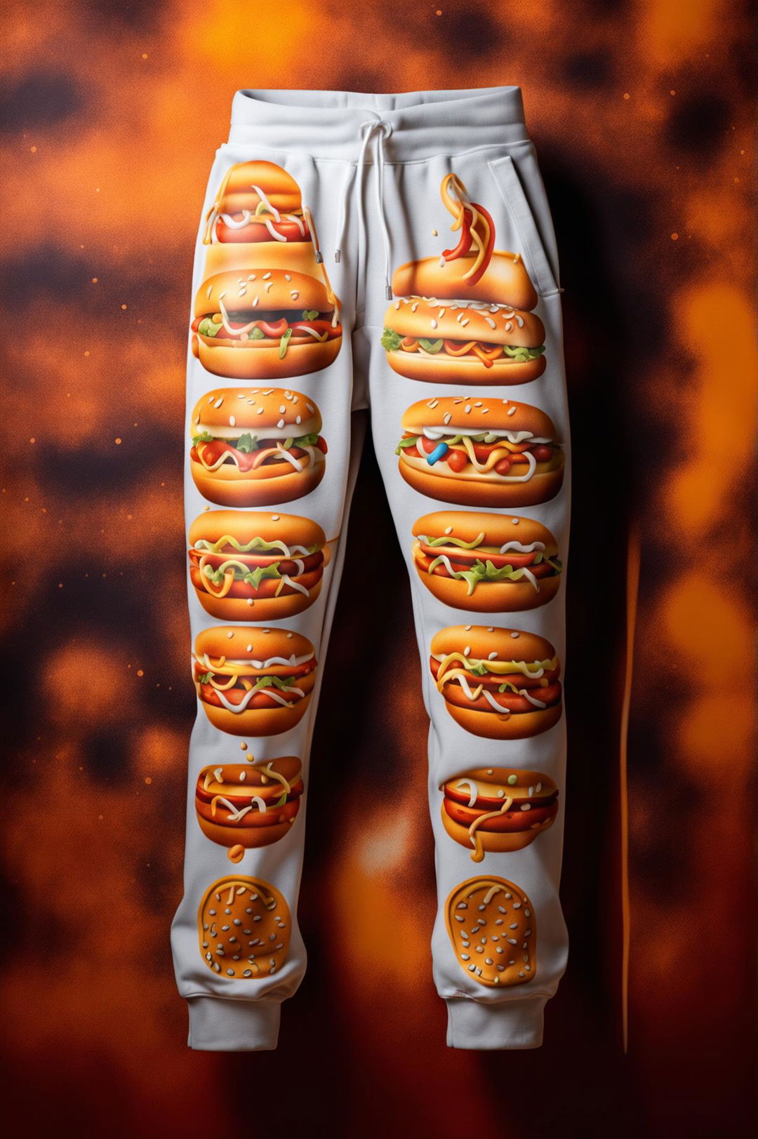 This is a description of a pair of gray sweatpants with a vibrant, playful, and meticulously detailed hotdog print