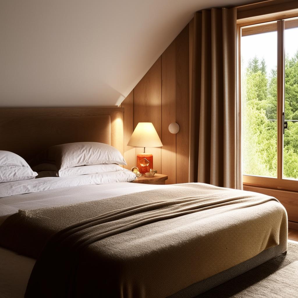 A well-lit, cosy bedroom with a large, comfortable bed, luxury soft furnishings, and a nearby wooden nightstand with a stylish lamp. A large window reveals a scenic view