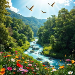 A vibrant and lush landscape representing the environment, showcasing a breathtaking view of a green forest with diverse flora and fauna