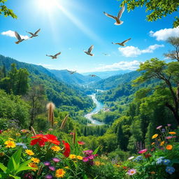 A vibrant and lush landscape representing the environment, showcasing a breathtaking view of a green forest with diverse flora and fauna