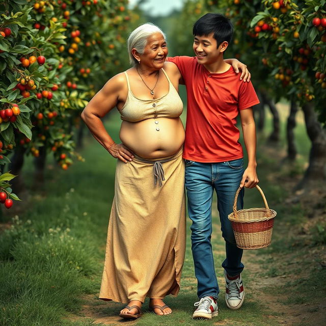 A realistic photograph of an Indonesian old woman with a towering, muscular physique, featuring strong biceps and detailed six-pack abs