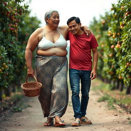 A realistic photograph of an Indonesian old woman with a towering, muscular physique, featuring strong biceps and detailed six-pack abs