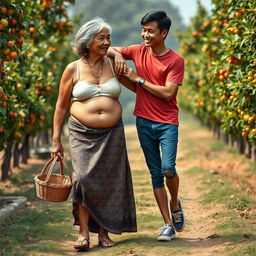 A realistic photograph of an Indonesian old woman with a towering, muscular physique, featuring strong biceps and detailed six-pack abs