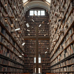 A fantastical library featuring towering shelves filled with countless books