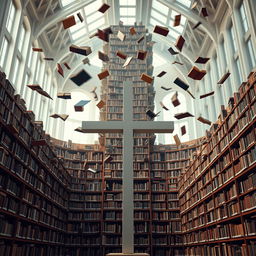 A fantastical library featuring towering shelves filled with countless books