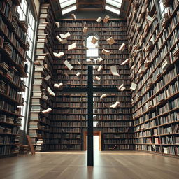 A fantastical library featuring towering shelves filled with countless books
