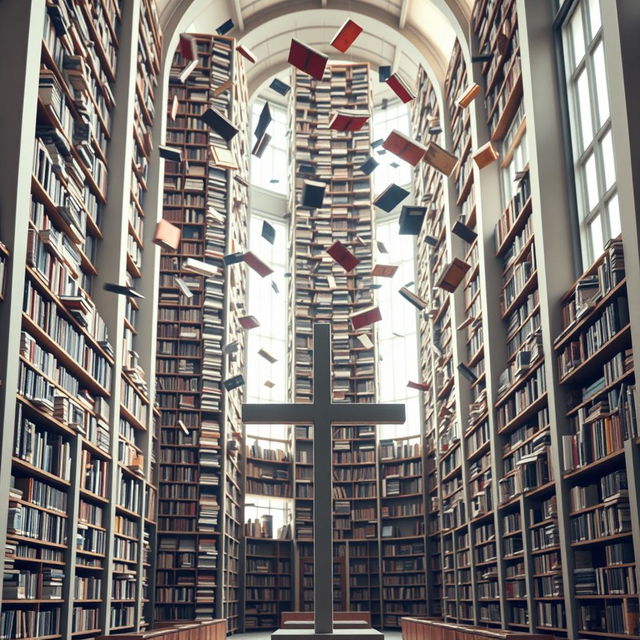 A fantastical library featuring towering shelves filled with countless books