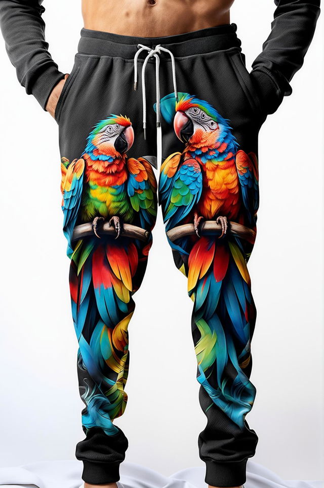 This is a description of a pair of black sweatpants featuring a vibrant, lifelike parrot print