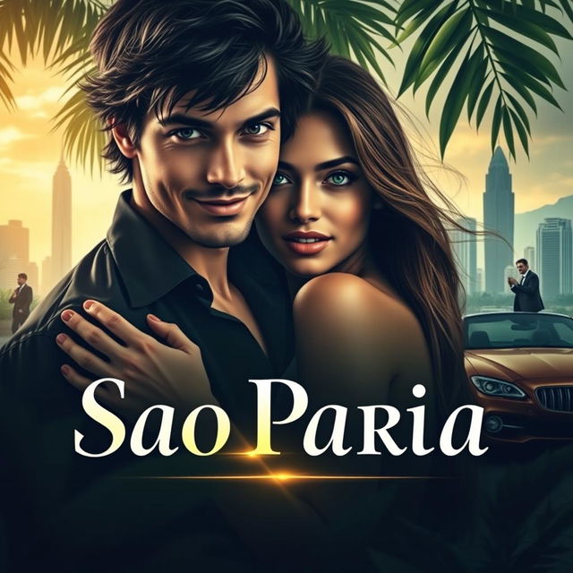 A captivating book cover featuring a sultry, passionate scene between a striking young university professor and an alluring student in a lush, tropical setting of São Paulo, Brazil