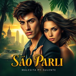 A captivating book cover featuring a sultry, passionate scene between a striking young university professor and an alluring student in a lush, tropical setting of São Paulo, Brazil