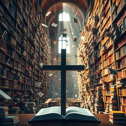 A fantastical library filled with towering shelves overflowing with books, many of which are flying off the shelves, creating a mesmerizing whirl of activity