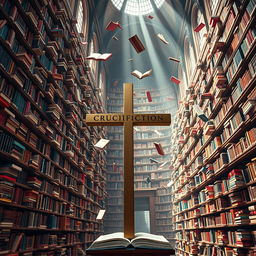 A fantastical library filled with towering shelves overflowing with books, many of which are flying off the shelves, creating a mesmerizing whirl of activity