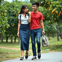 A realistic photograph of an Indonesian school girl with a tall and muscular build, wearing a white tight short-sleeved button-up shirt and a low waist dark blue long skirt paired with black sneakers