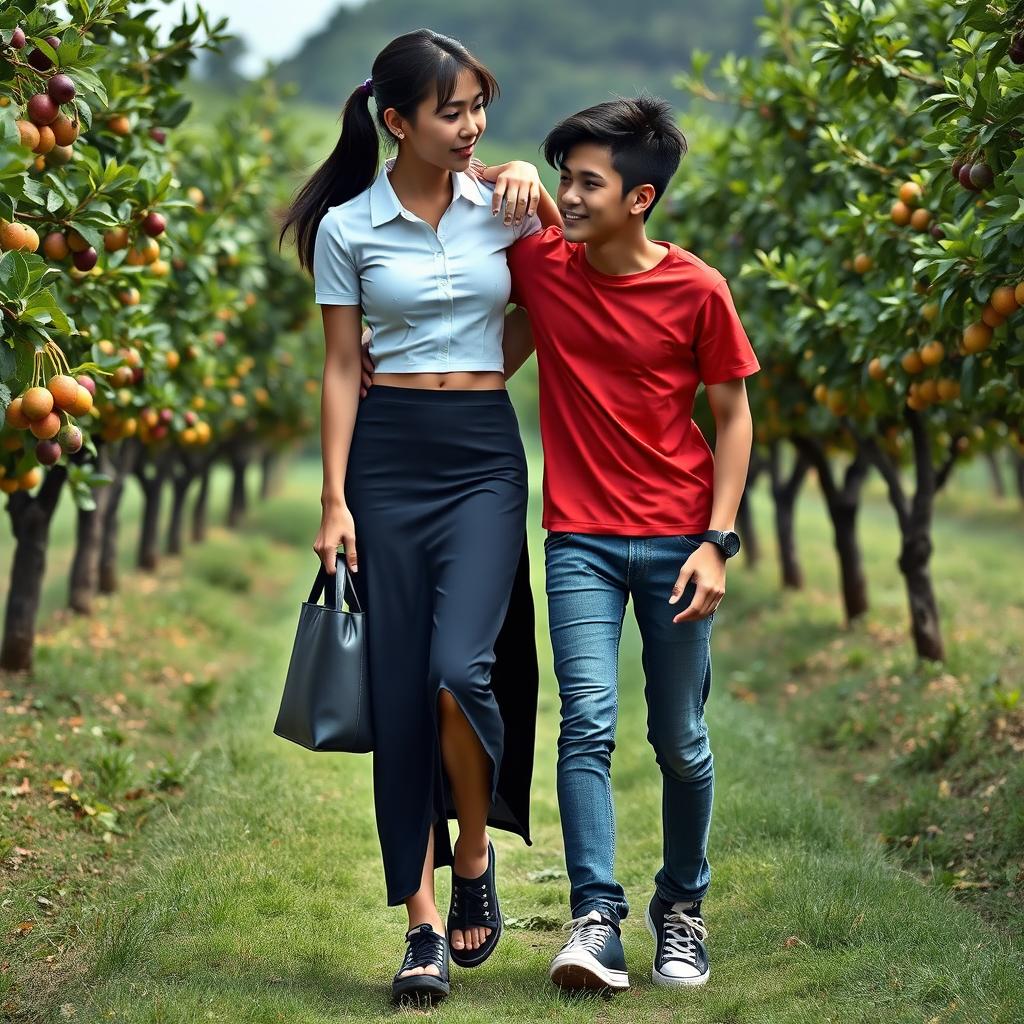 A realistic photograph of an Indonesian school girl with a tall and muscular build, wearing a white tight short-sleeved button-up shirt and a low waist dark blue long skirt paired with black sneakers