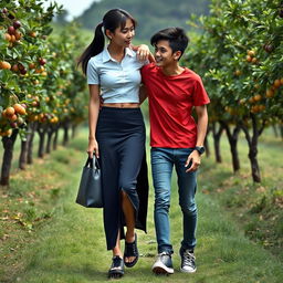 A realistic photograph of an Indonesian school girl with a tall and muscular build, wearing a white tight short-sleeved button-up shirt and a low waist dark blue long skirt paired with black sneakers