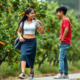 A realistic photograph of an Indonesian school girl with a tall and muscular build, wearing a white tight short-sleeved button-up shirt and a low waist dark blue long skirt paired with black sneakers