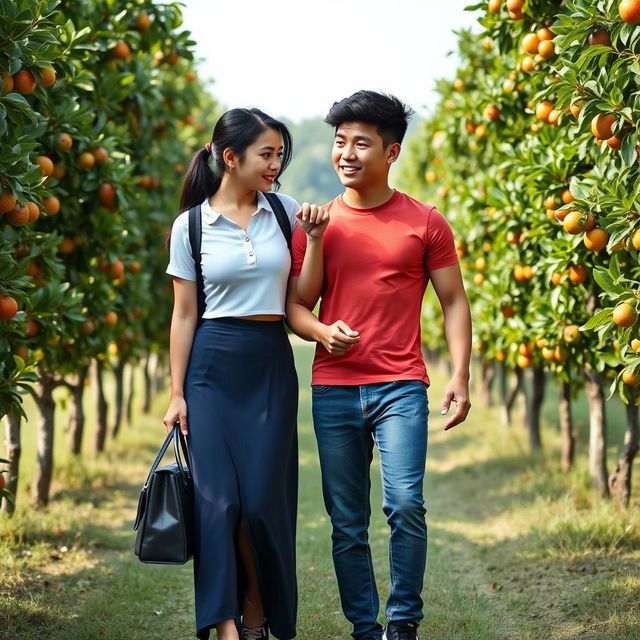 A realistic photograph of an Indonesian school girl with a tall and muscular build, wearing a white tight short-sleeved button-up shirt and a low waist dark blue long skirt paired with black sneakers