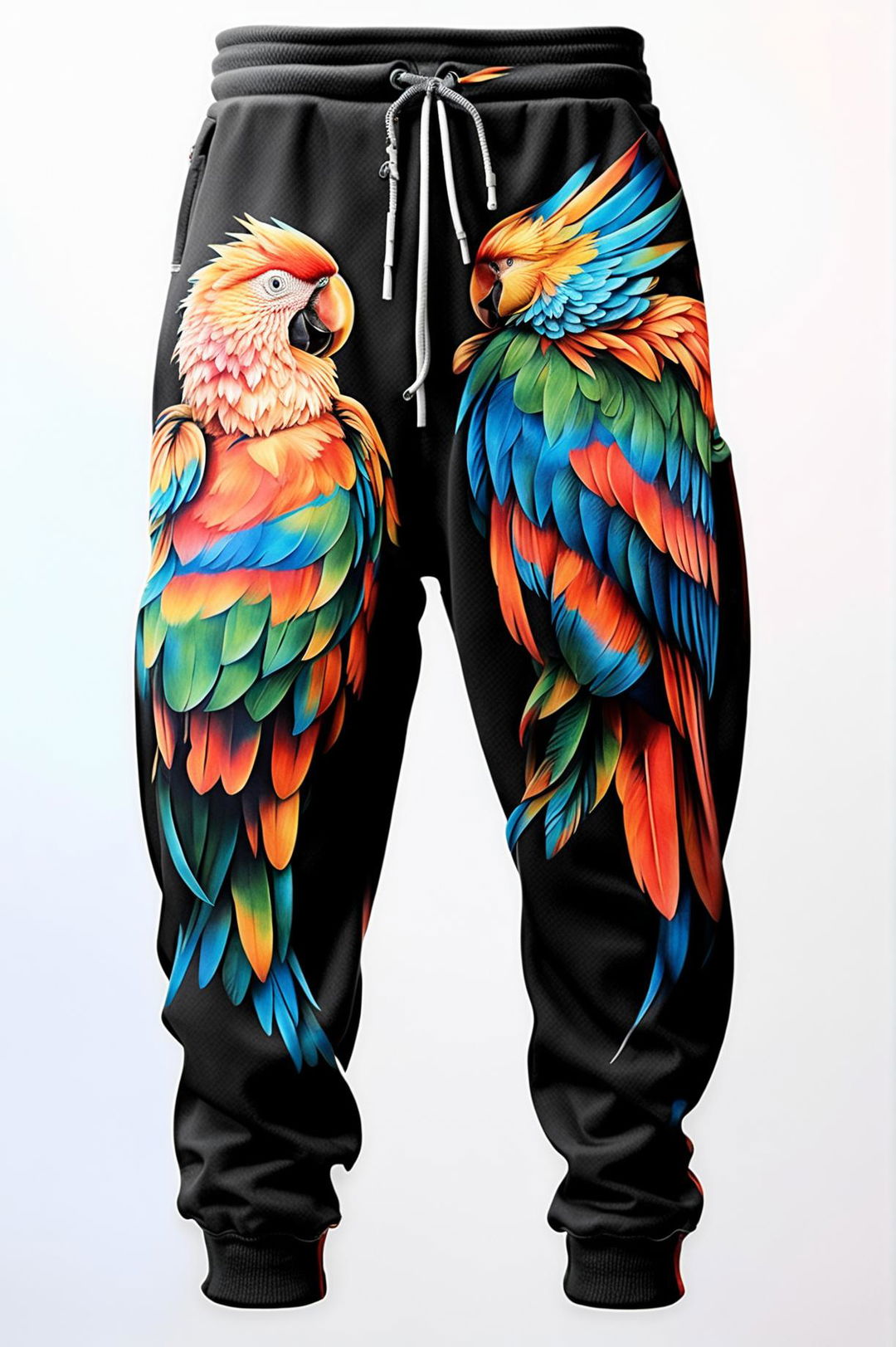 This is a description of a pair of black sweatpants featuring a vibrant, lifelike parrot print