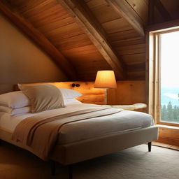 A well-lit, cosy bedroom with a large, comfortable bed, luxury soft furnishings, and a nearby wooden nightstand with a stylish lamp. A large window reveals a scenic view