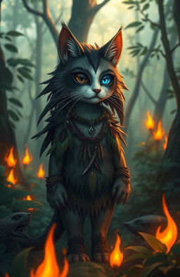 A mystical cat-folk character standing in a lush forest, displaying a unique appearance with one missing eye and one captivating blue eye