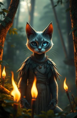 A mystical cat-folk character standing in a lush forest, displaying a unique appearance with one missing eye and one captivating blue eye