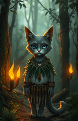 A mystical cat-folk character standing in a lush forest, displaying a unique appearance with one missing eye and one captivating blue eye