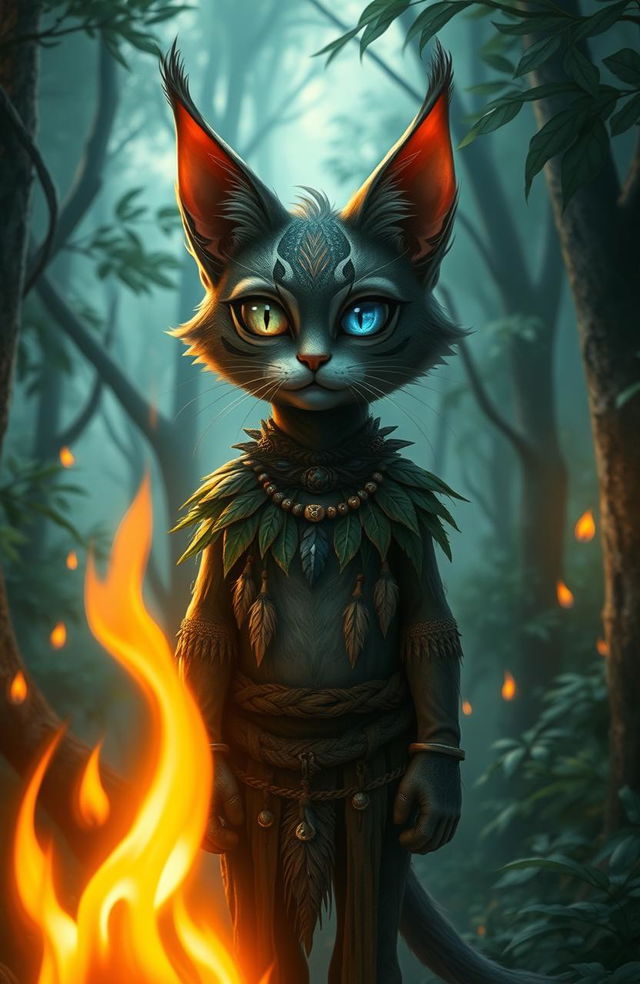 A mystical cat-folk character standing in a lush forest, displaying a unique appearance with one missing eye and one captivating blue eye