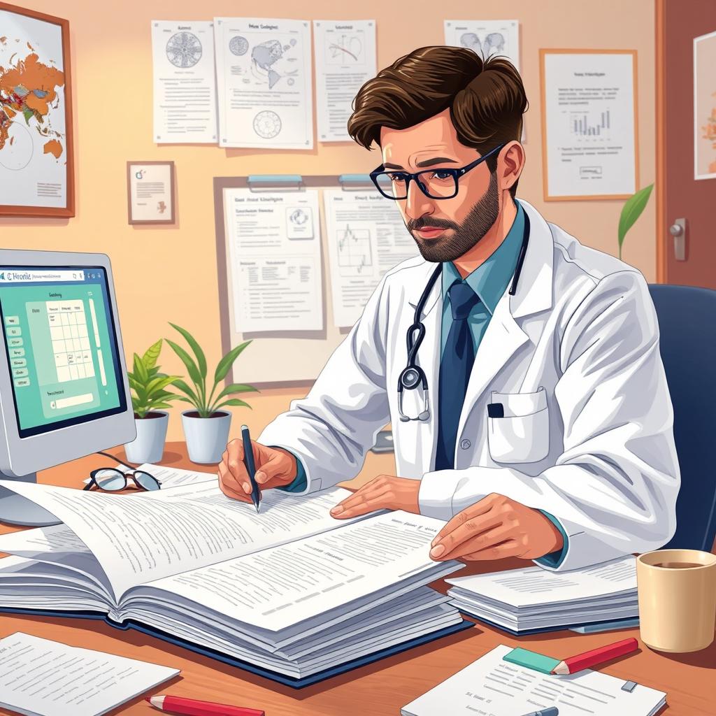 A detailed and informative illustration focusing on a medical professional reviewing a patient’s medical history in a clinical setting