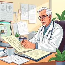 A detailed and informative illustration focusing on a medical professional reviewing a patient’s medical history in a clinical setting