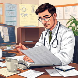 A detailed and informative illustration focusing on a medical professional reviewing a patient’s medical history in a clinical setting