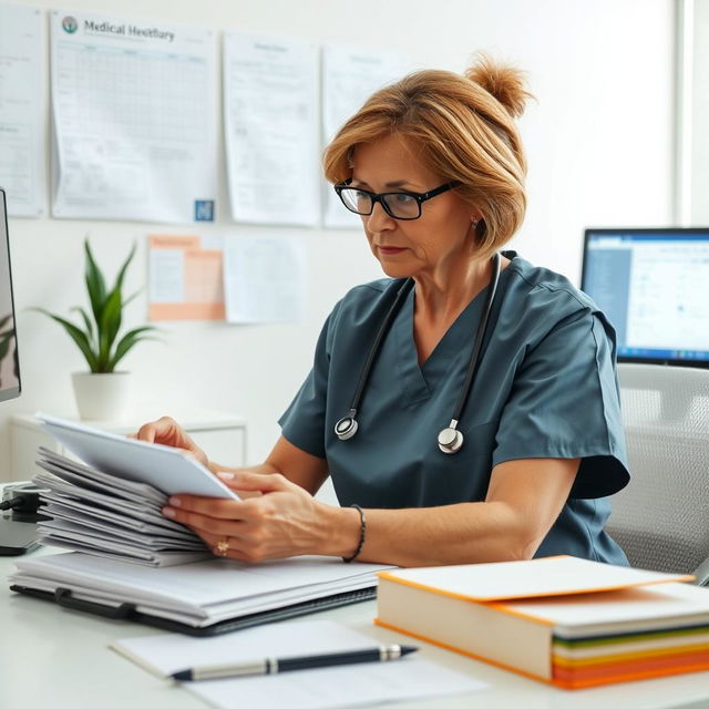 A focused and professional scene showing a healthcare provider diligently organizing and reviewing a patient's medical history without using abbreviations