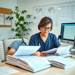 A focused and professional scene showing a healthcare provider diligently organizing and reviewing a patient's medical history without using abbreviations
