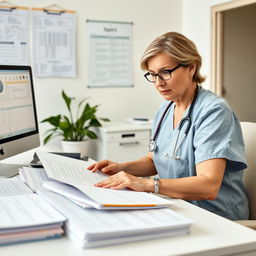 A focused and professional scene showing a healthcare provider diligently organizing and reviewing a patient's medical history without using abbreviations
