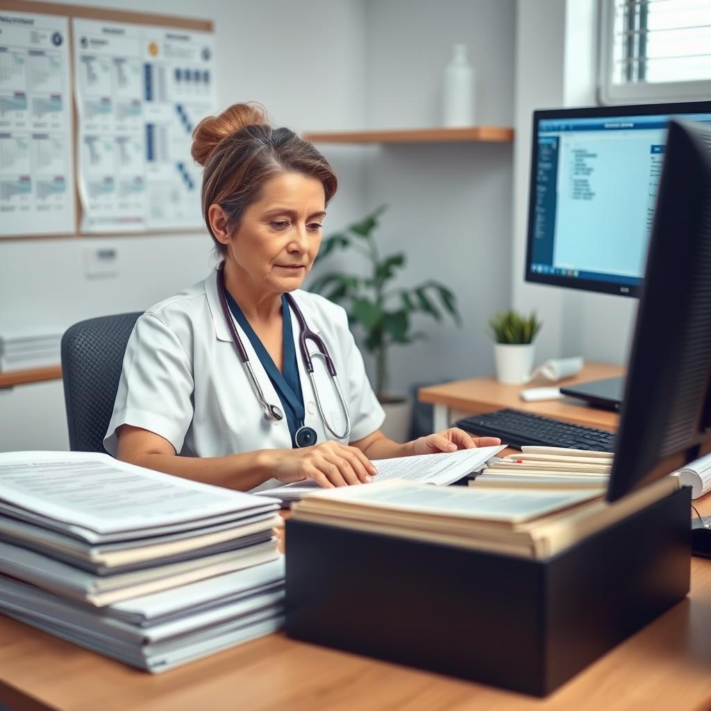 A focused and professional scene showing a healthcare provider diligently organizing and reviewing a patient's medical history without using abbreviations