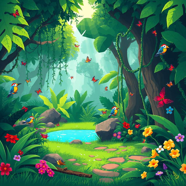 A lush jungle scene designed for 2D pixel art video games, featuring dense greenery, vibrant tropical plants, and a variety of pixelated wildlife such as colorful birds, small monkeys, and exotic butterflies