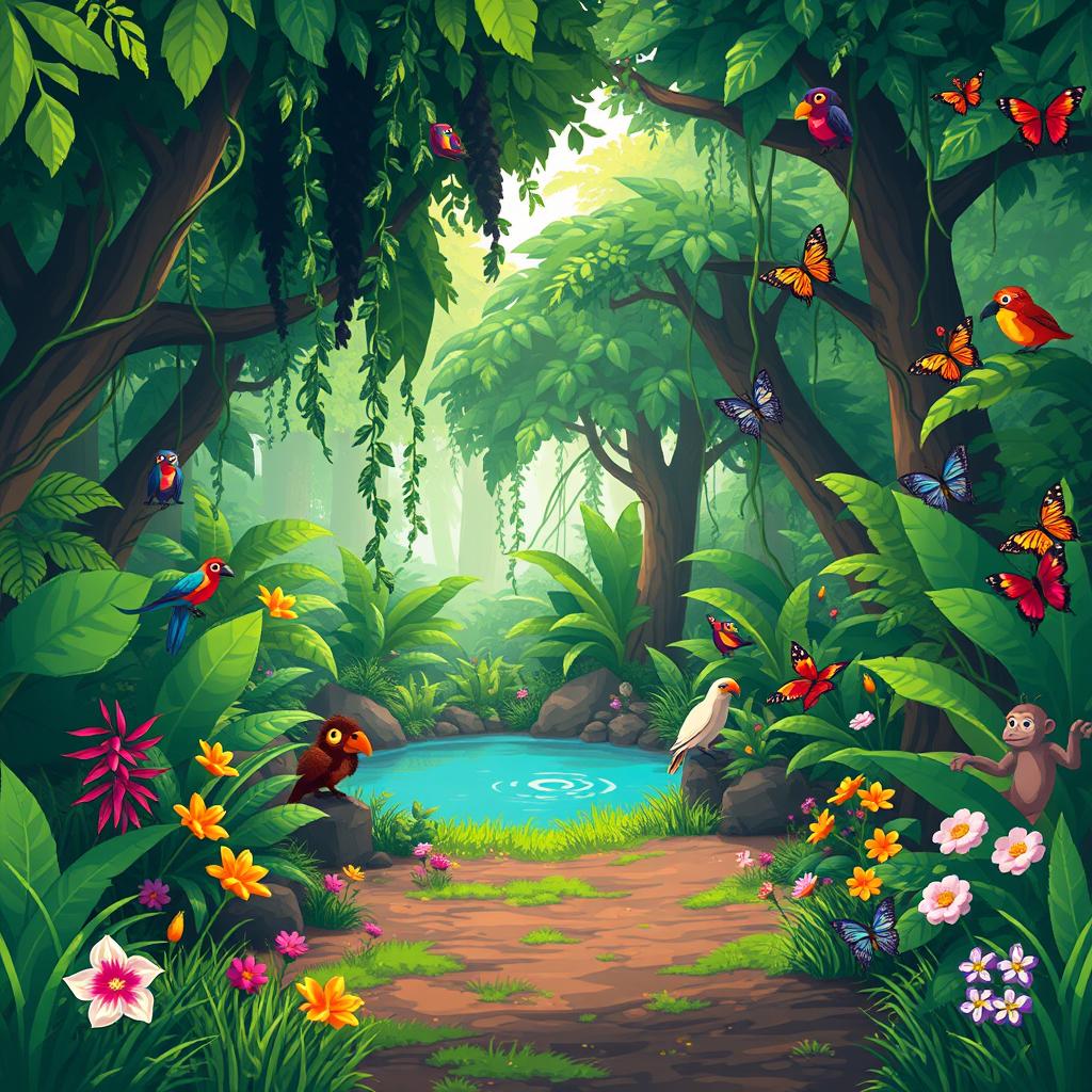 A lush jungle scene designed for 2D pixel art video games, featuring dense greenery, vibrant tropical plants, and a variety of pixelated wildlife such as colorful birds, small monkeys, and exotic butterflies