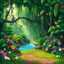 A lush jungle scene designed for 2D pixel art video games, featuring dense greenery, vibrant tropical plants, and a variety of pixelated wildlife such as colorful birds, small monkeys, and exotic butterflies