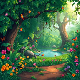 A lush jungle scene designed for 2D pixel art video games, featuring dense greenery, vibrant tropical plants, and a variety of pixelated wildlife such as colorful birds, small monkeys, and exotic butterflies